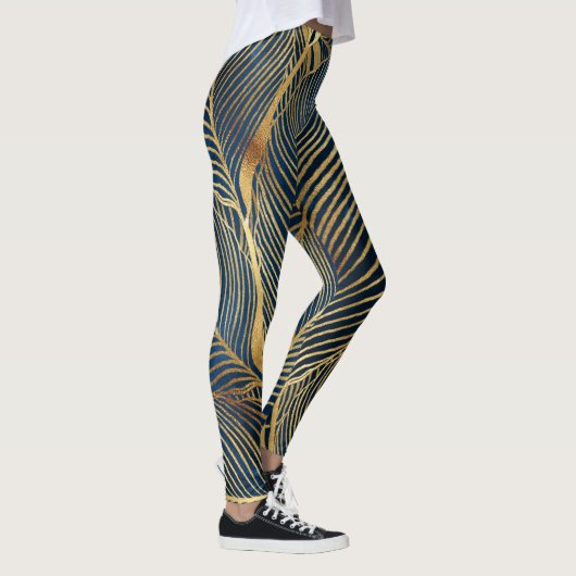 Elegant Blue Gold Leaf-ontwerp Leggings (Rechts)