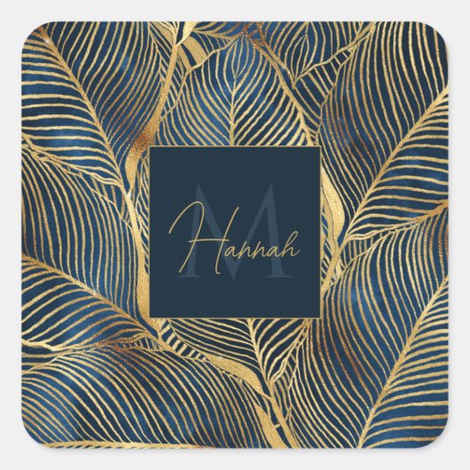 Elegant Blue Gold Leaf-ontwerp Vierkante Sticker (Voorkant)