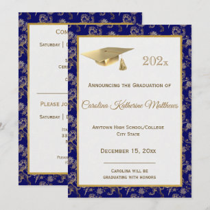 Elegant Blue Gold Lion Floral Afstuderen Aankondiging