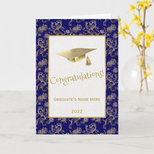 Elegant Blue Gold Lion Floral Afstuderen Kaart (Gele Bloem)