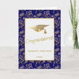 Elegant Blue Gold Lion Floral Afstuderen Kaart