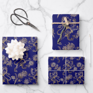 Elegant Blue Gold Lion Floral Inpakpapier Vel