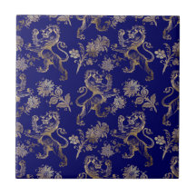 Elegant Blue Gold Lion Floral 