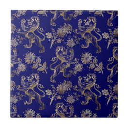 Elegant Blue Gold Lion Floral  Tegeltje