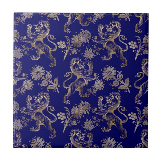 Elegant Blue Gold Lion Floral  Tegeltje (Voorkant)