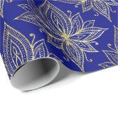 Elegant Blue Gold Lotus Flower Damask Patroon Cadeaupapier (Rol Hoek)