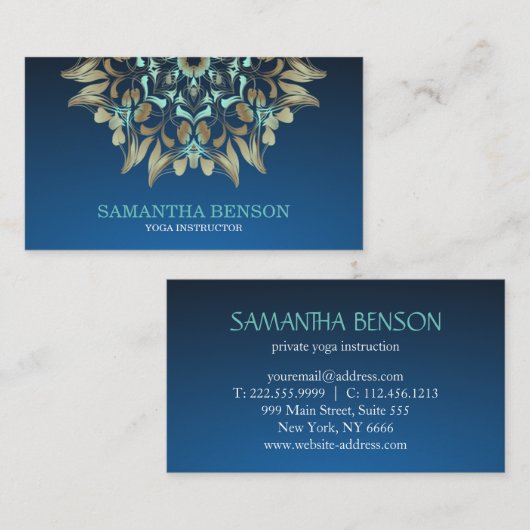 Elegant Blue & Gold Lotus Yoga Instructor Visitekaartje (Voorkant / Achterkant)