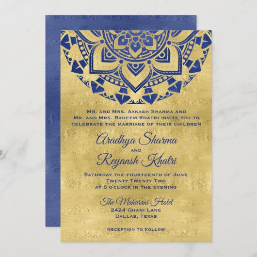 Elegant Blue Gold Mandala Indian Wedding Kaart (Voorkant / Achterkant)