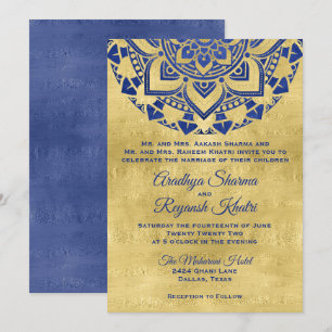 Elegant Blue Gold Mandala Indian Wedding Kaart