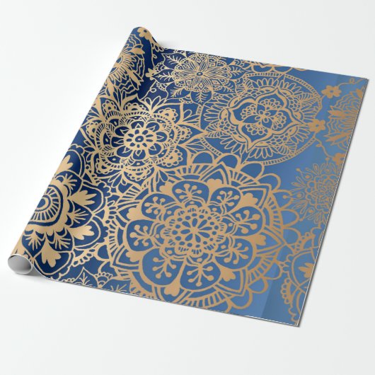 Elegant Blue Gold Mandala Pattern Cadeaupapier (Uitgerold)