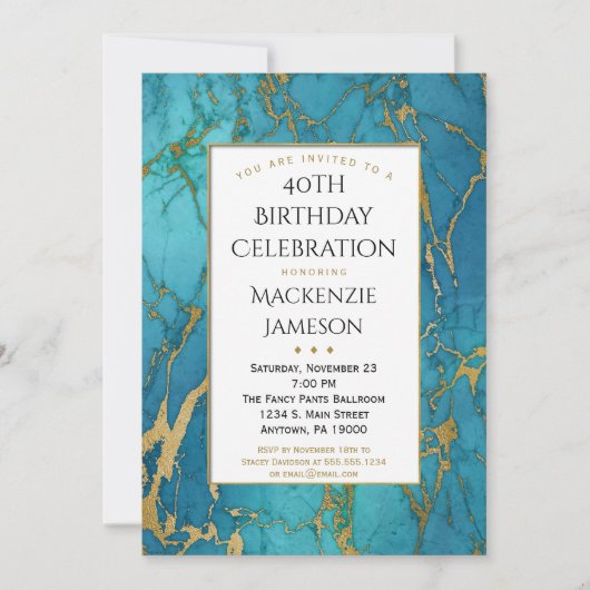 Elegant Blue Gold Marble Birthday Uitnodiging (Voorkant)