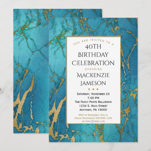Elegant Blue Gold Marble Birthday Uitnodiging (Voorkant / Achterkant)