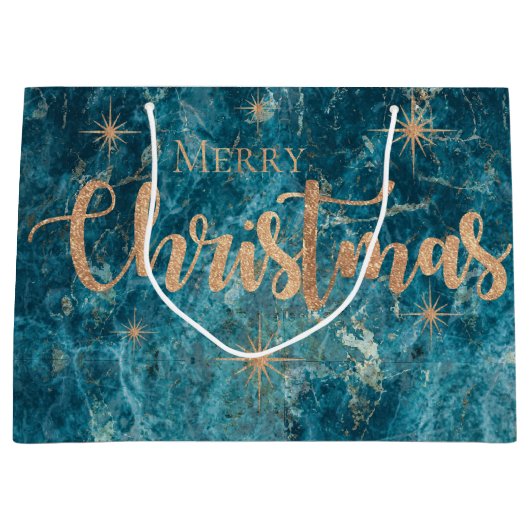 Elegant Blue Gold Marble Effect Merry Kerstry Groot Cadeauzakje (Voorkant)