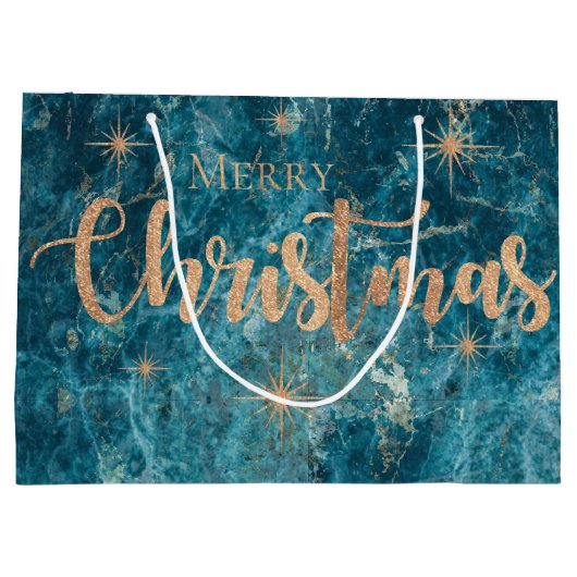 Elegant Blue Gold Marble Effect Merry Kerstry Groot Cadeauzakje (Achterkant)