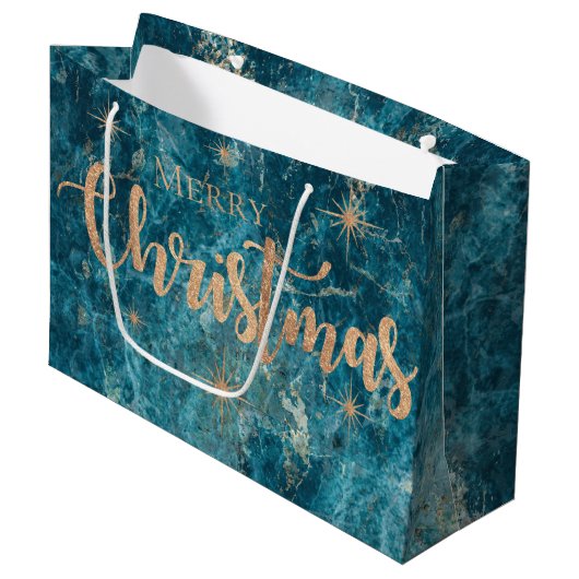 Elegant Blue Gold Marble Effect Merry Kerstry Groot Cadeauzakje (Voorkant Gekanteld)