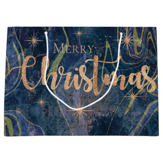 Elegant Blue Gold Marble Effect Merry Kerstry Groot Cadeauzakje (Voorkant)