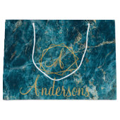 Elegant Blue Gold Marble Effect Monogram Kerstmis Groot Cadeauzakje (Voorkant)