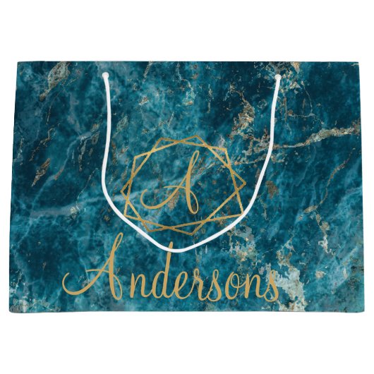 Elegant Blue Gold Marble Effect Monogram Kerstmis Groot Cadeauzakje (Voorkant)