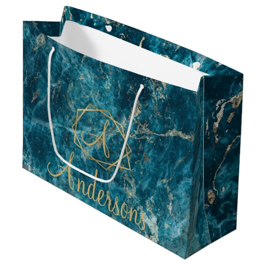 Elegant Blue Gold Marble Effect Monogram Kerstmis Groot Cadeauzakje (Voorkant Gekanteld)