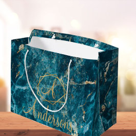 Elegant Blue Gold Marble Effect Monogram Kerstmis Groot Cadeauzakje