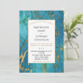Elegant Blue Gold Marble Wedding Invitation Kaart (Staand voorkant)