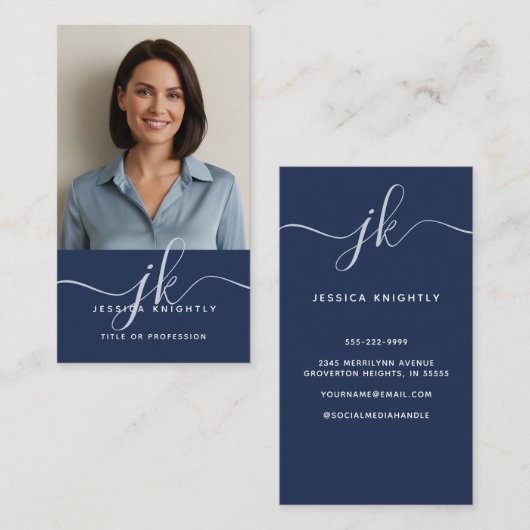 Elegant Blue Gold Monogram Script Initialen Foto Visitekaartje (Voorkant / Achterkant)