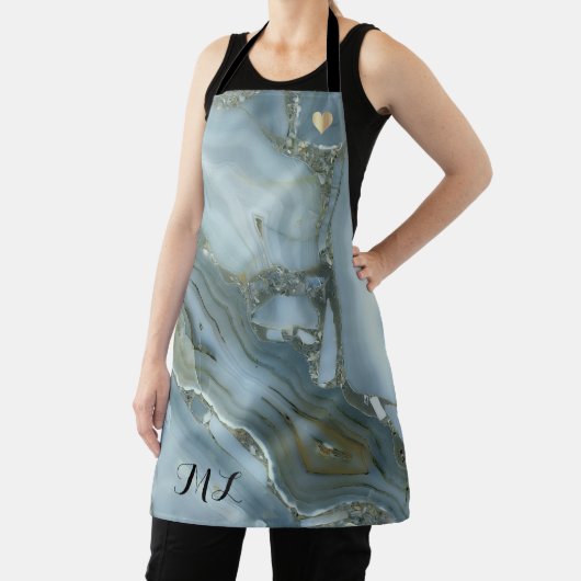 Elegant Blue Gold Monogrammed Apron met hart Schort (Insitu)