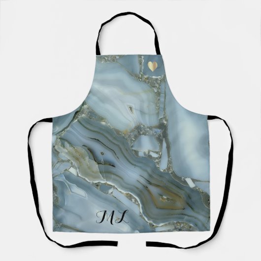 Elegant Blue Gold Monogrammed Apron met hart Schort (Voorkant)