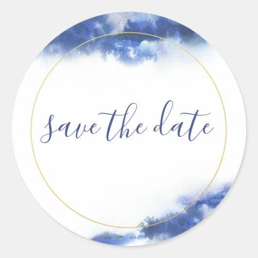 Elegant Blue & Gold Ombre Marble Save the Date Ronde Sticker (Voorkant)