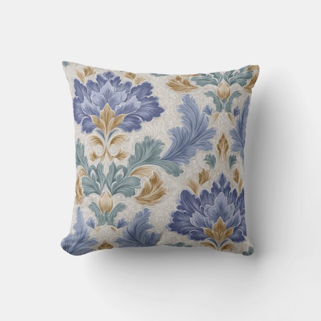 Elegant Blue & Gold Ornamental Floral Throw Pillow Kussen (Voorkant)
