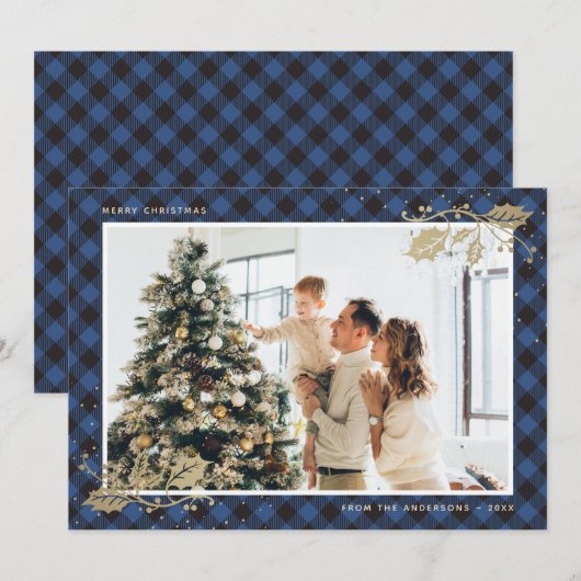 Elegant Blue Gold Pset-fotokerstkaarten Feestdagenkaart (Voorkant / Achterkant)