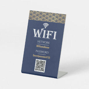 Elegant Blue Gold QR Code Wifi Password Network Reclamebord Met Voetstuk