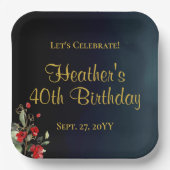 Elegant Blue Gold Red Floral 40th Birthday Party Papieren Bordje (Voorkant)