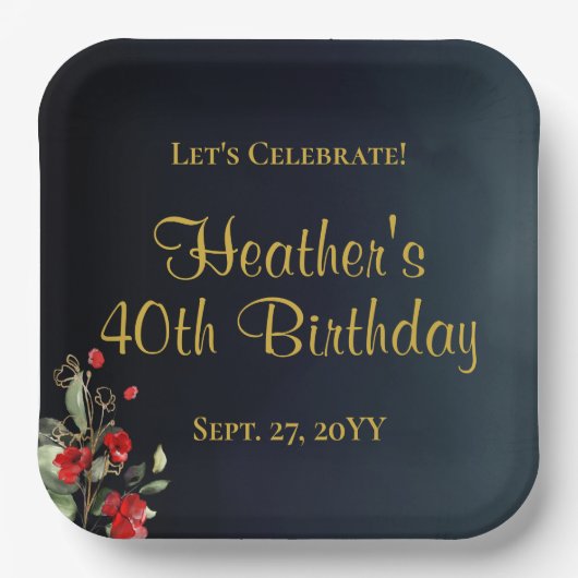 Elegant Blue Gold Red Floral 40th Birthday Party Papieren Bordje (Voorkant)