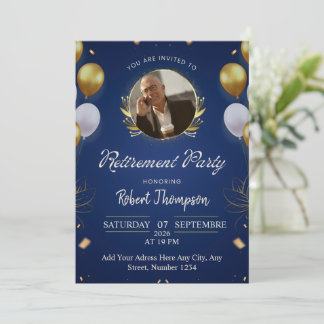 Elegant Blue Gold Retirement Party Invitation Kaart