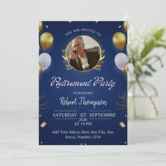 Elegant Blue Gold Retirement Party Invitation Kaart (Staand voorkant)