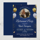 Elegant Blue Gold Retirement Party Invitation Kaart (Voorkant / Achterkant)
