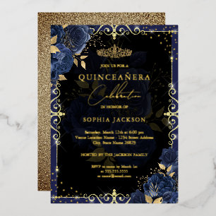Elegant Blue Gold Roos Quinceanera Folie Uitnodiging