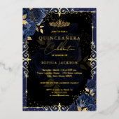 Elegant Blue Gold Roos Quinceanera Folie Uitnodiging (Voorkant)