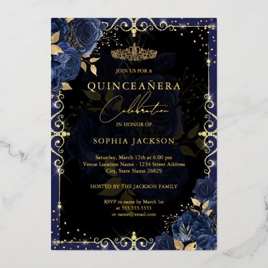 Elegant Blue Gold Roos Quinceanera Folie Uitnodiging (Voorkant)