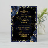 Elegant Blue Gold Roos Quinceanera Folie Uitnodiging (Staand Voorkant)