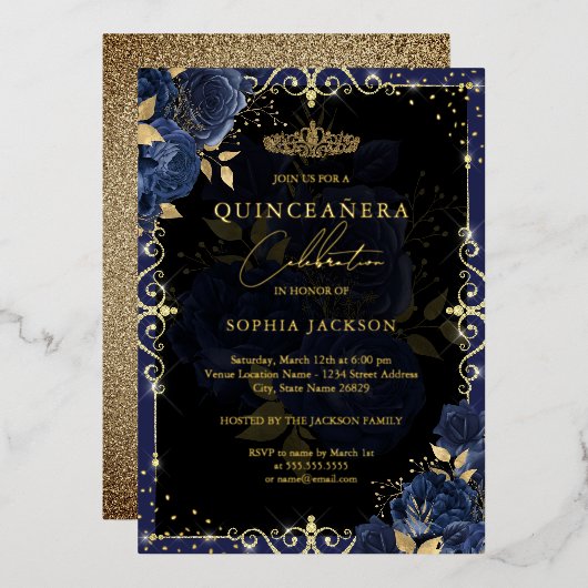 Elegant Blue Gold Roos Quinceanera Folie Uitnodiging (Voorkant / Achterkant)