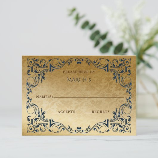 Elegant  Blue Gold RSVP-kaart RSVP Kaartje (Staand voorkant)