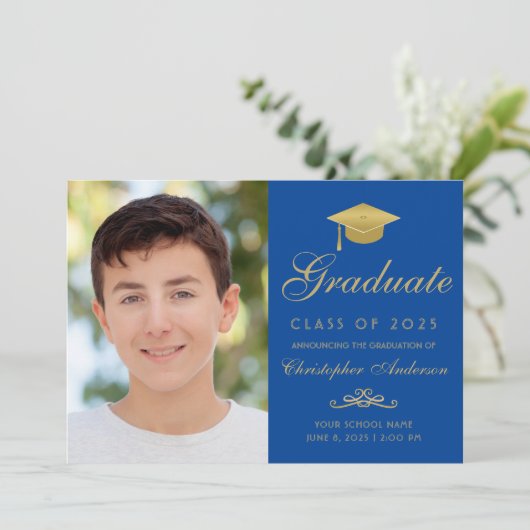 Elegant Blue Gold Script Pet Foto Afstuderen Aankondiging (Staand voorkant)
