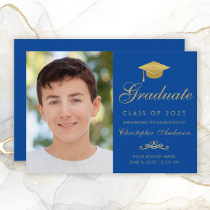 Elegant Blue Gold Script Pet Foto Afstuderen Aankondiging