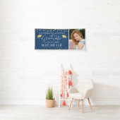 Elegant Blue Gold Script Photo Afstuderen Spandoek (Insitu)