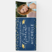Elegant Blue Gold Script Photo Afstuderen Spandoek (Verticaal)