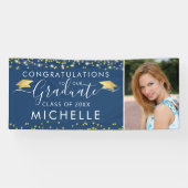 Elegant Blue Gold Script Photo Afstuderen Spandoek (Horizontaal)