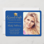 Elegant Blue Gold Script Photo College Graduing Aankondiging (Voorkant)