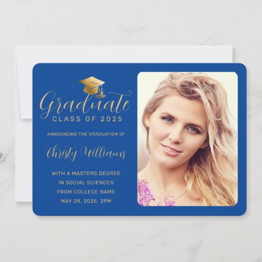 Elegant Blue Gold Script Photo College Graduing Aankondiging (Voorkant)